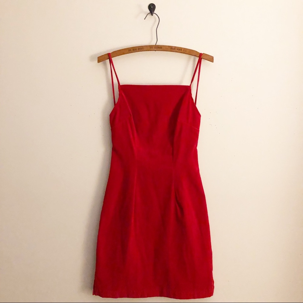 Vintage Faux Suede Red Strappy Backless Mini Dress